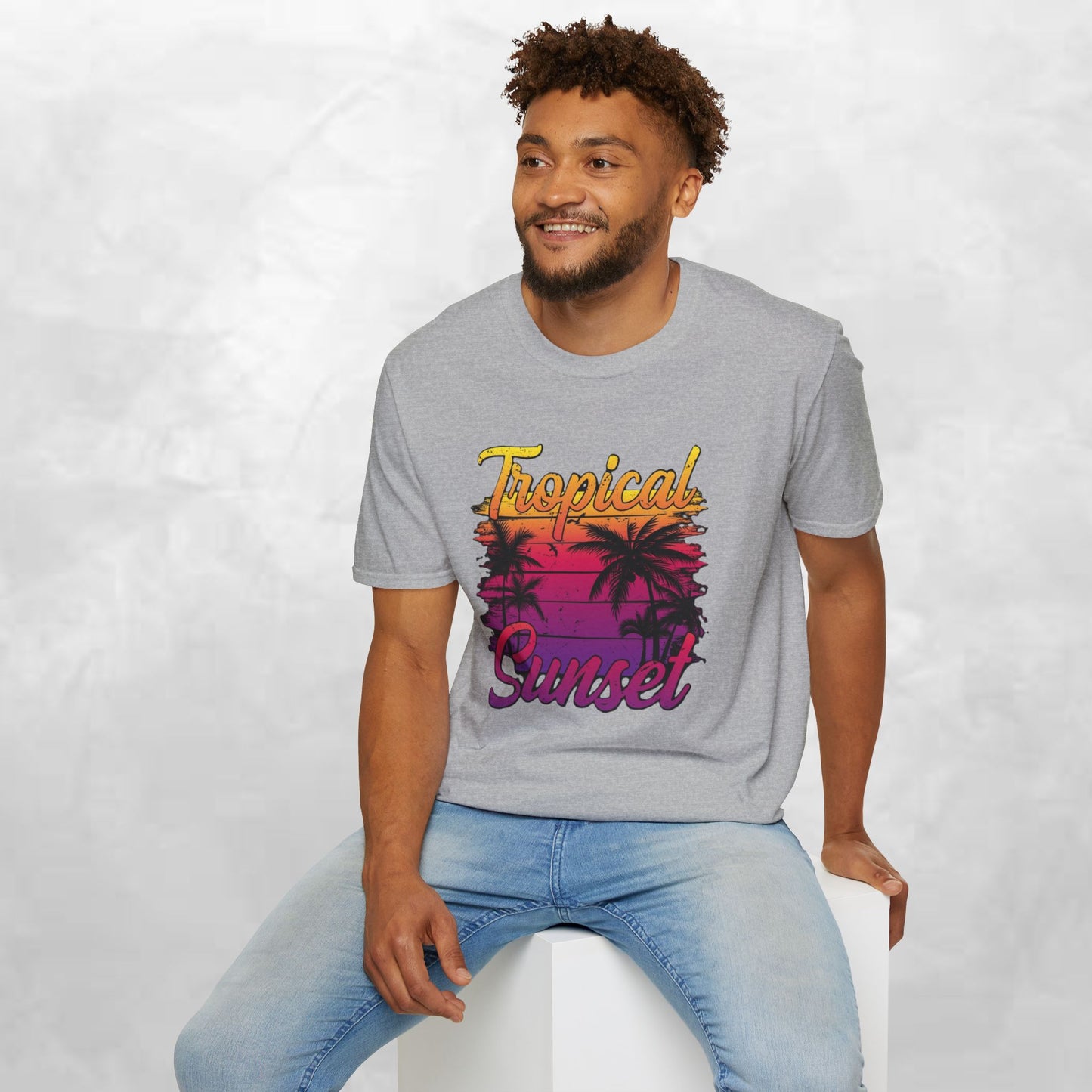 Tropical Sunset Unisex Softstyle T-Shirt – Perfect for Summer Vibes and Beach Lovers