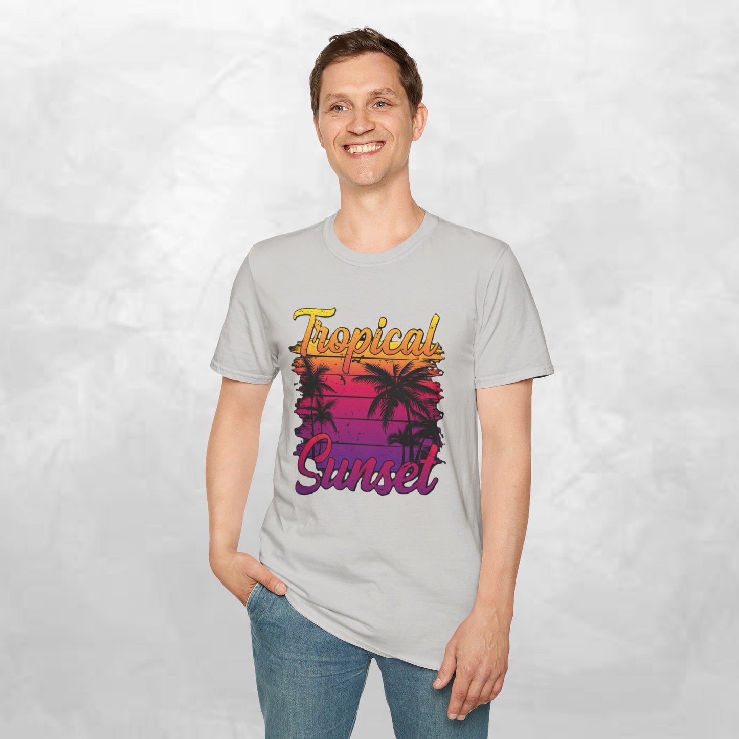 Tropical Sunset Unisex Softstyle T-Shirt – Perfect for Summer Vibes and Beach Lovers
