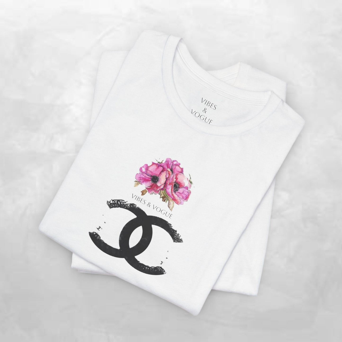 Chic Floral Logo Tee | Stylish Unisex Jersey Short Sleeve T-Shirt, Fashion Tee, Luxury Aesthetic, Gift for Her, Casual Wear, Trendy Apparel