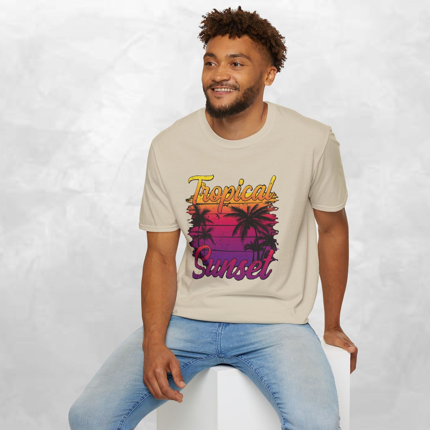 Tropical Sunset Unisex Softstyle T-Shirt – Perfect for Summer Vibes and Beach Lovers