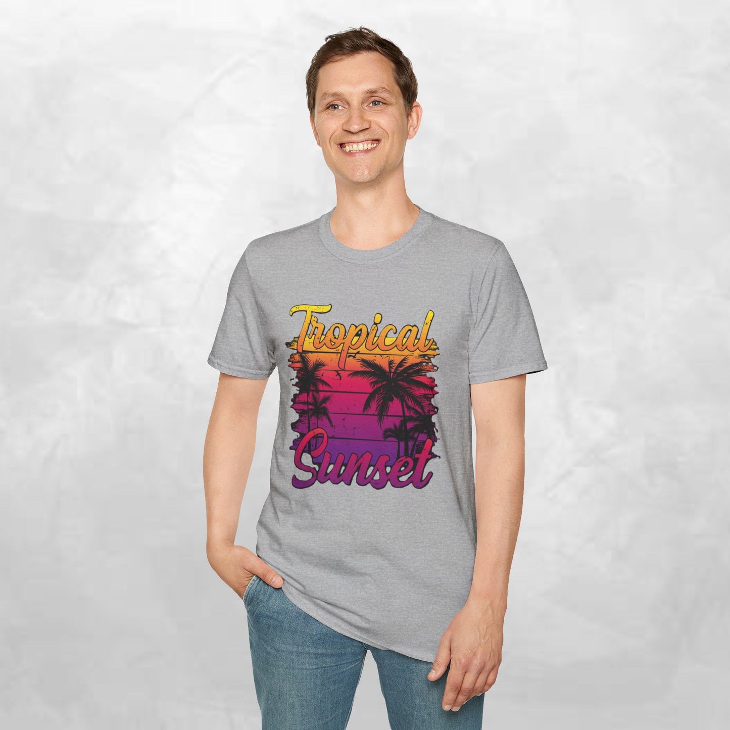 Tropical Sunset Unisex Softstyle T-Shirt – Perfect for Summer Vibes and Beach Lovers