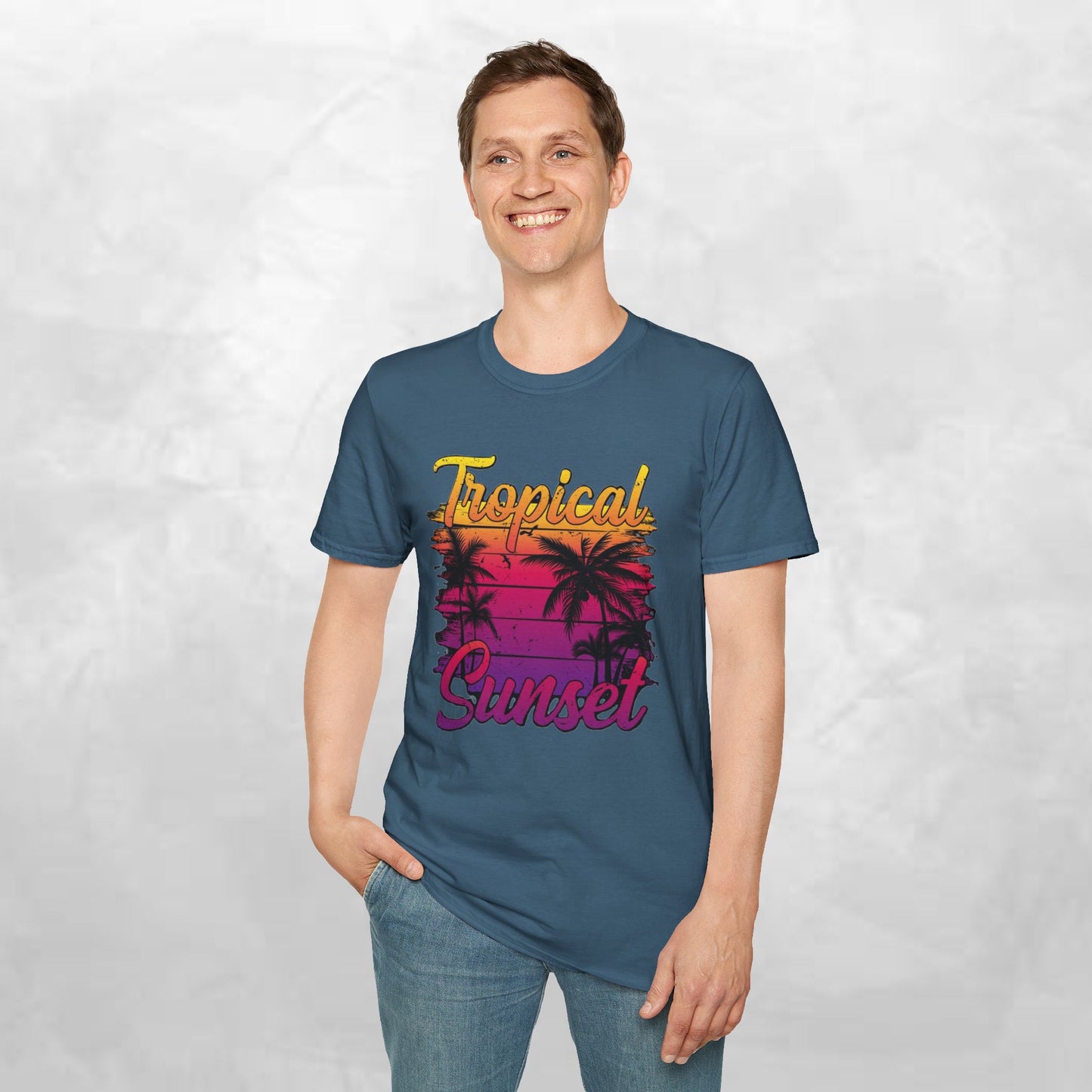 Tropical Sunset Unisex Softstyle T-Shirt – Perfect for Summer Vibes and Beach Lovers