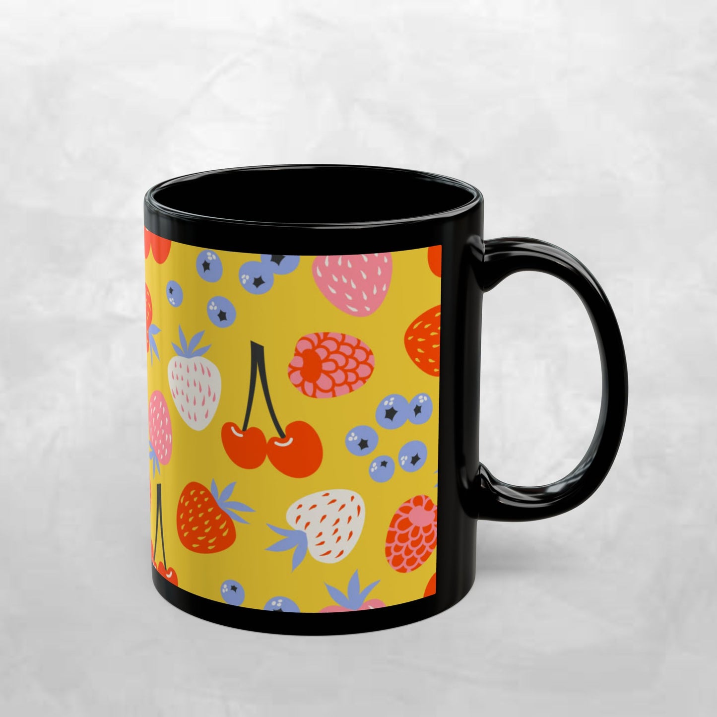 Colorful Fruit Pattern Mug - 11oz & 15oz Black Ceramic Coffee Cup