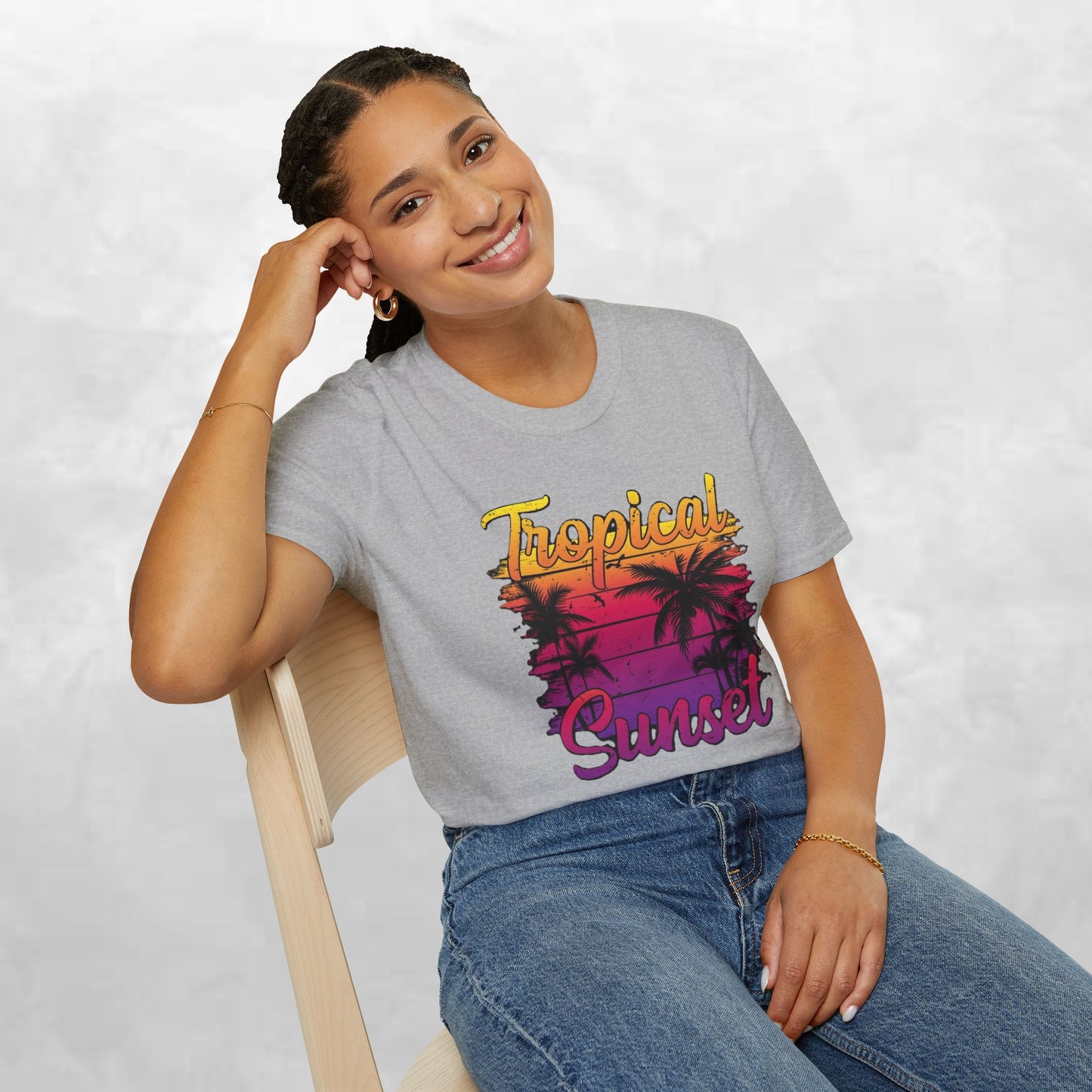 Tropical Sunset Unisex Softstyle T-Shirt – Perfect for Summer Vibes and Beach Lovers