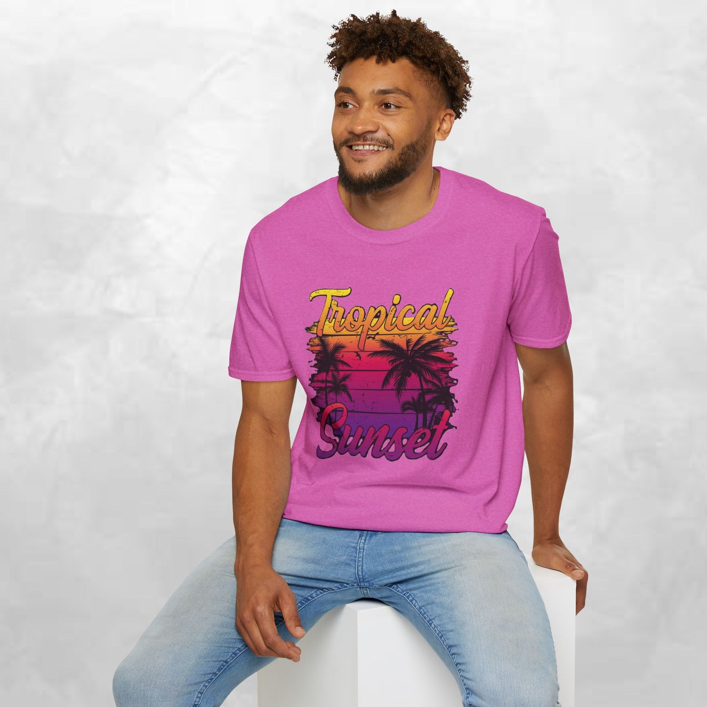 Tropical Sunset Unisex Softstyle T-Shirt – Perfect for Summer Vibes and Beach Lovers