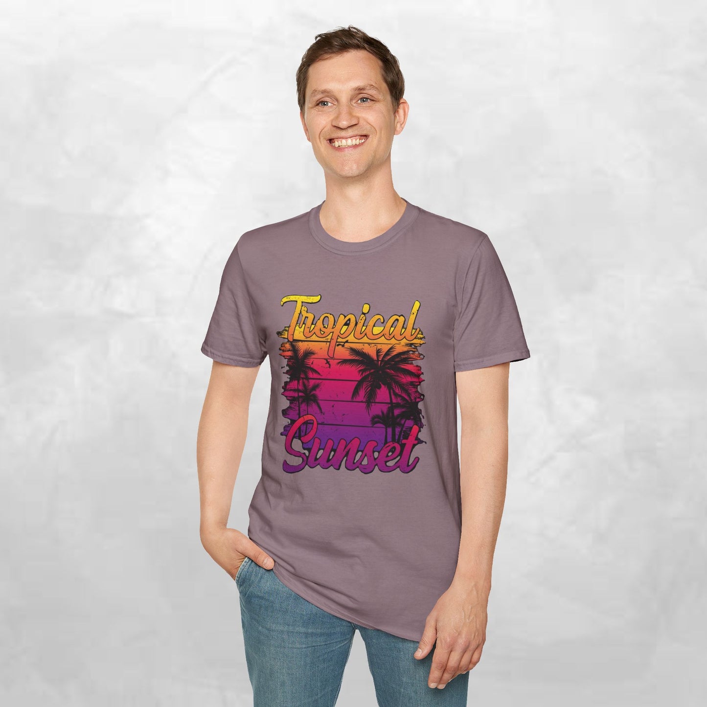 Tropical Sunset Unisex Softstyle T-Shirt – Perfect for Summer Vibes and Beach Lovers