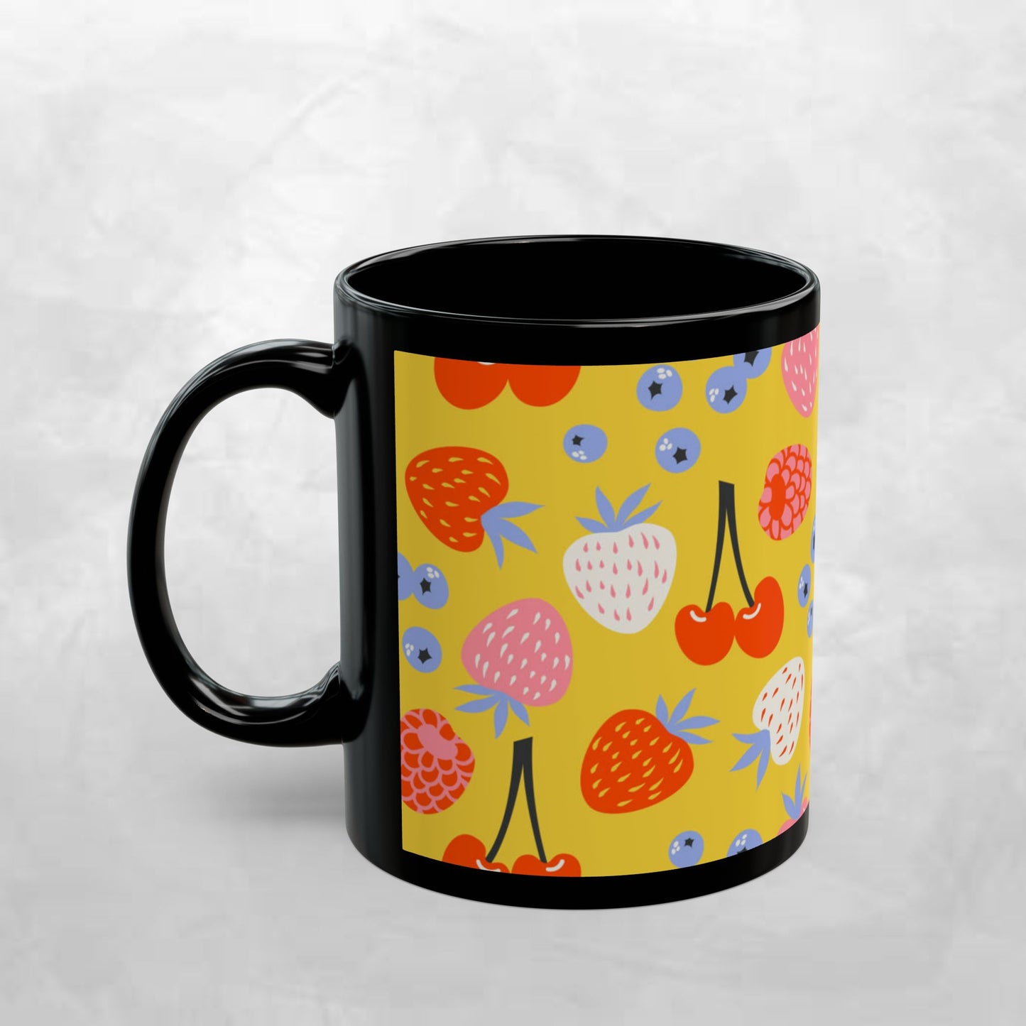Colorful Fruit Pattern Mug - 11oz & 15oz Black Ceramic Coffee Cup