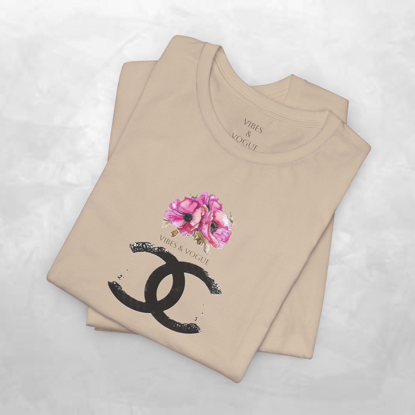 Chic Floral Logo Tee | Stylish Unisex Jersey Short Sleeve T-Shirt, Fashion Tee, Luxury Aesthetic, Gift for Her, Casual Wear, Trendy Apparel