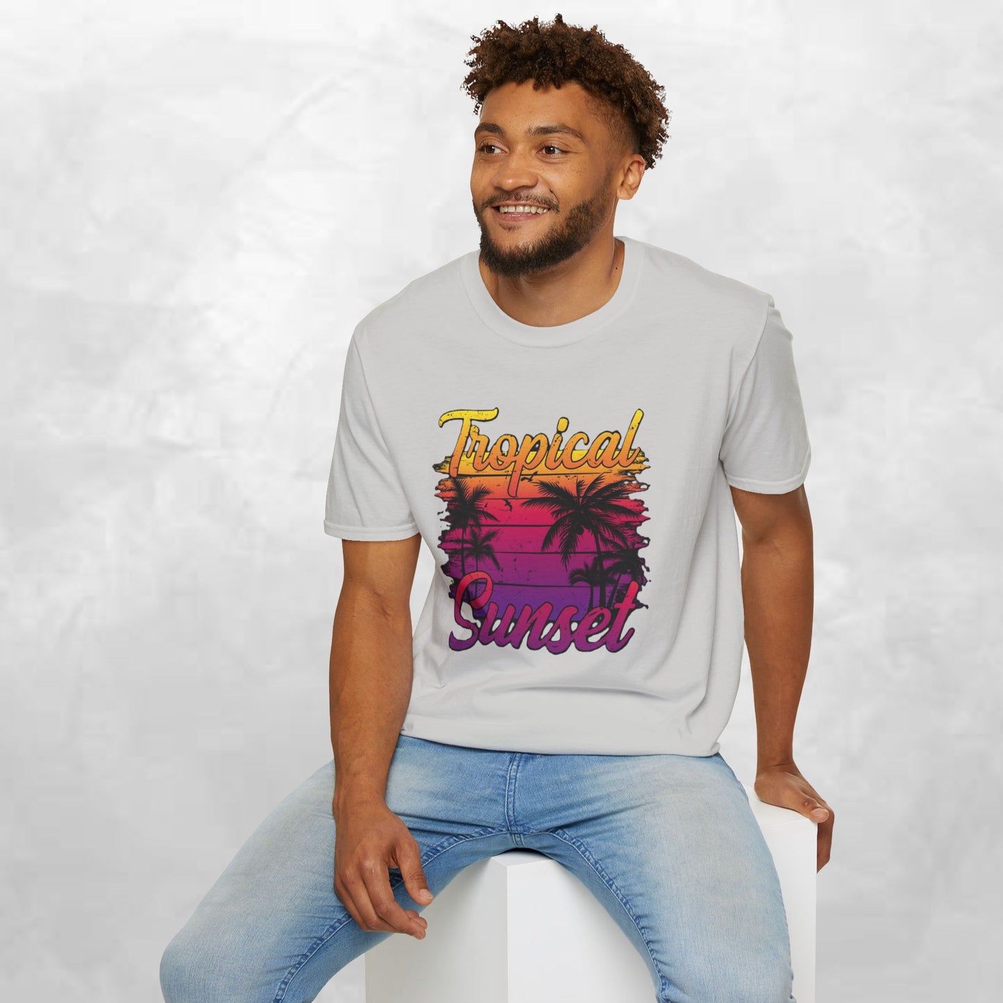 Tropical Sunset Unisex Softstyle T-Shirt – Perfect for Summer Vibes and Beach Lovers