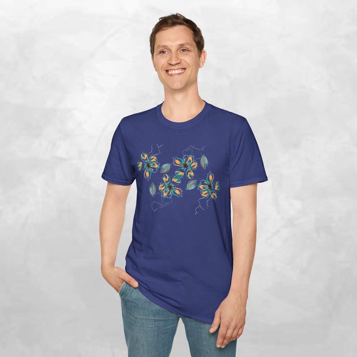 Floral Watercolor Tee — Teal & Gold Blossom Graphic T-Shirt
