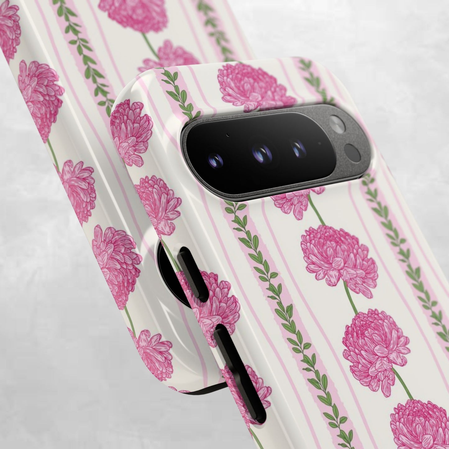 Floral Carnation Phone Case — Pink Vintage Stripe Tough Case