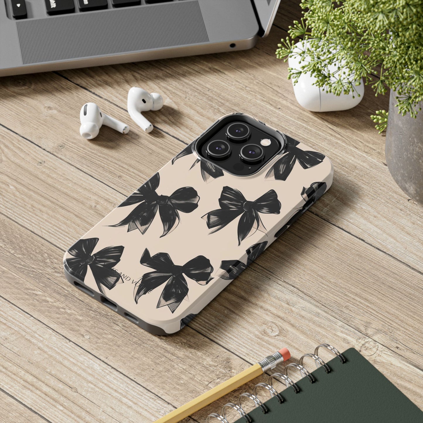 Tough Phone Case — Black Bow Pattern on Nude Background