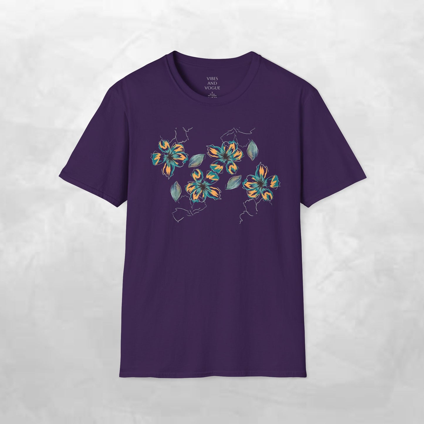 Floral Watercolor Tee — Teal & Gold Blossom Graphic T-Shirt