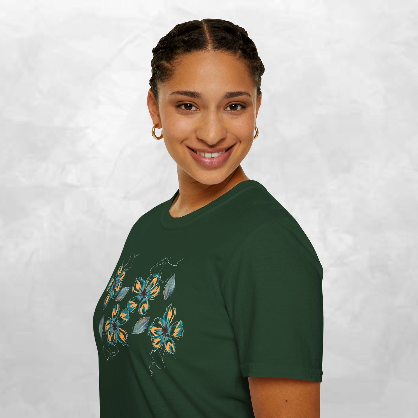 Floral Watercolor Tee — Teal & Gold Blossom Graphic T-Shirt