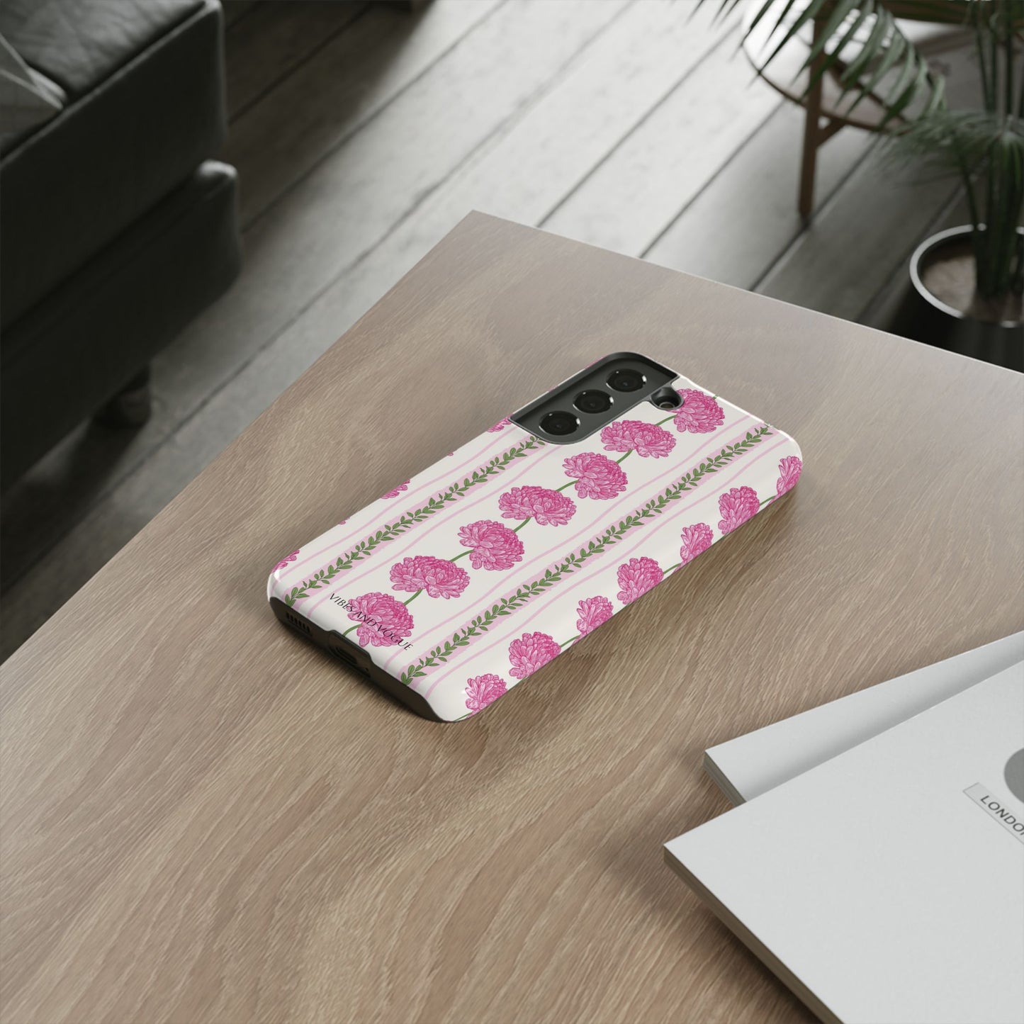Floral Carnation Phone Case — Pink Vintage Stripe Tough Case