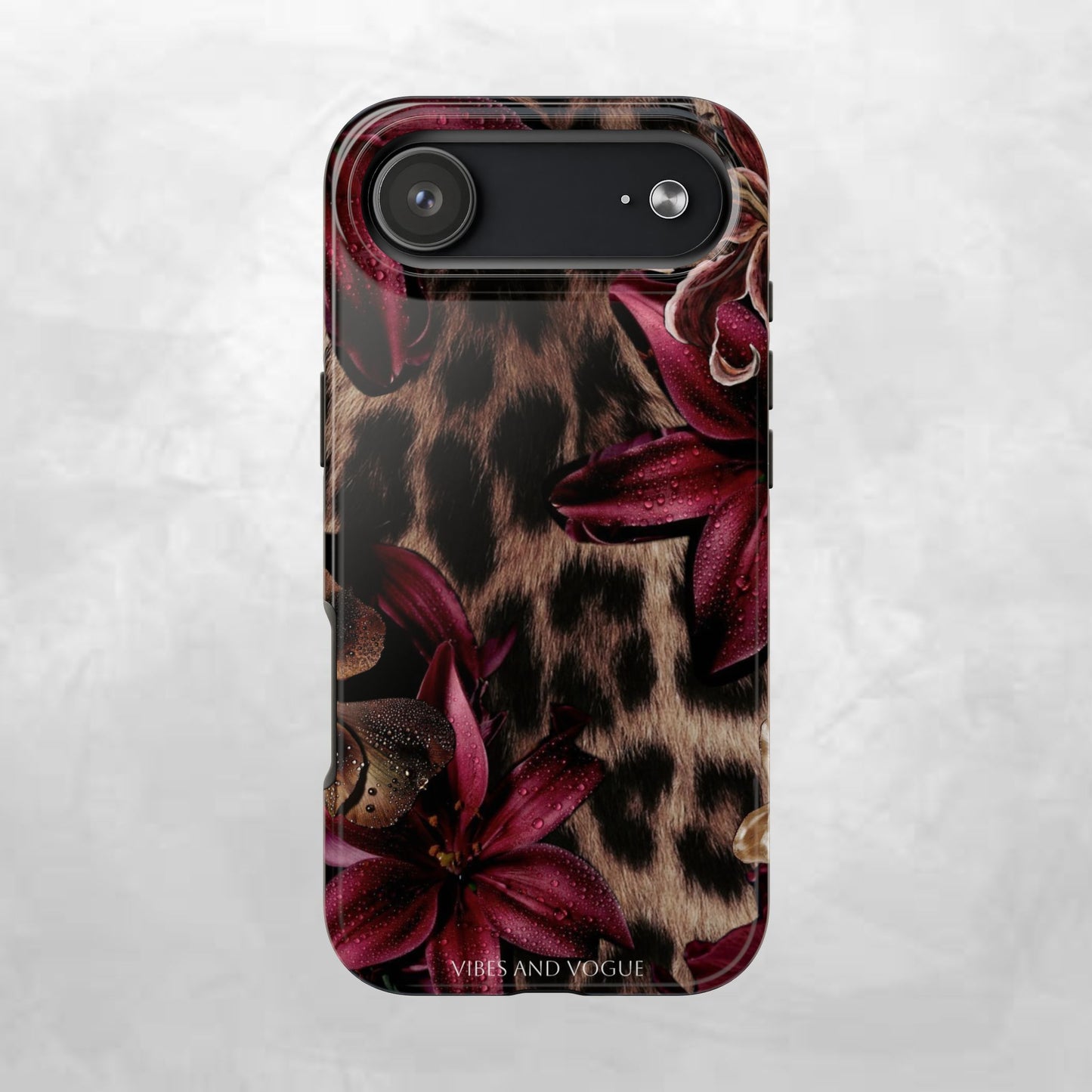 Leopard Bloom Tough Phone Case — Burgundy Floral Protective Cover