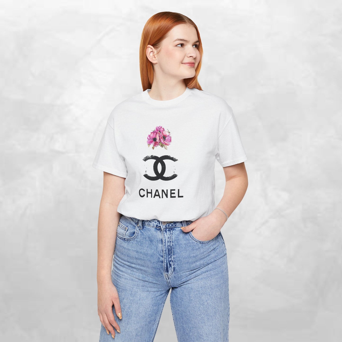 Chic Floral Logo Tee | Stylish Unisex Jersey Short Sleeve T-Shirt, Fashion Tee, Luxury Aesthetic, Gift for Her, Casual Wear, Trendy Apparel