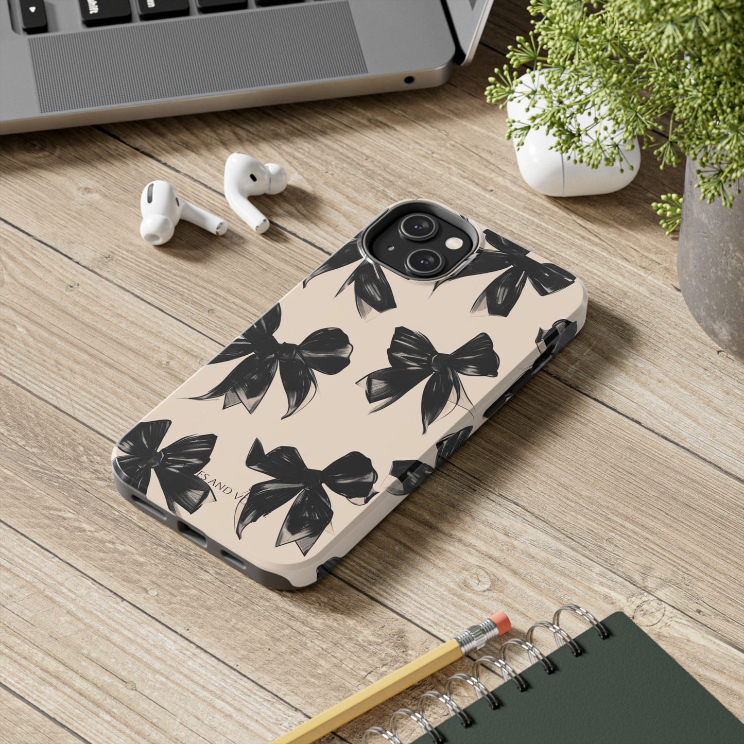 Tough Phone Case — Black Bow Pattern on Nude Background