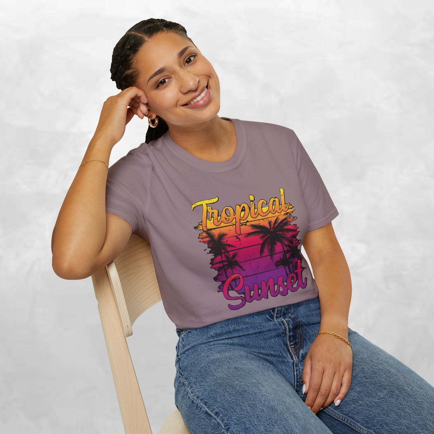 Tropical Sunset Unisex Softstyle T-Shirt – Perfect for Summer Vibes and Beach Lovers