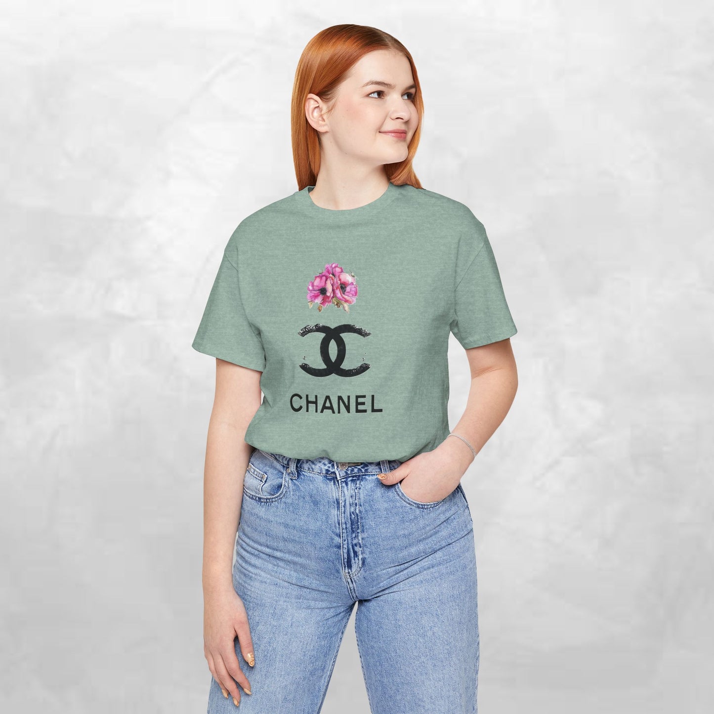 Chic Floral Logo Tee | Stylish Unisex Jersey Short Sleeve T-Shirt, Fashion Tee, Luxury Aesthetic, Gift for Her, Casual Wear, Trendy Apparel