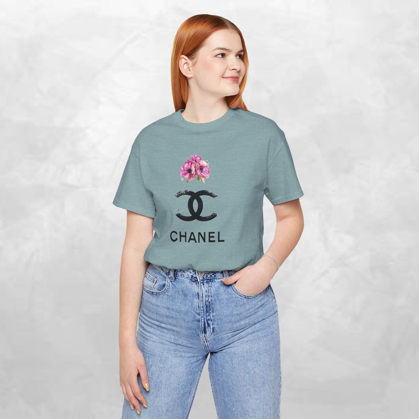 Chic Floral Logo Tee | Stylish Unisex Jersey Short Sleeve T-Shirt, Fashion Tee, Luxury Aesthetic, Gift for Her, Casual Wear, Trendy Apparel