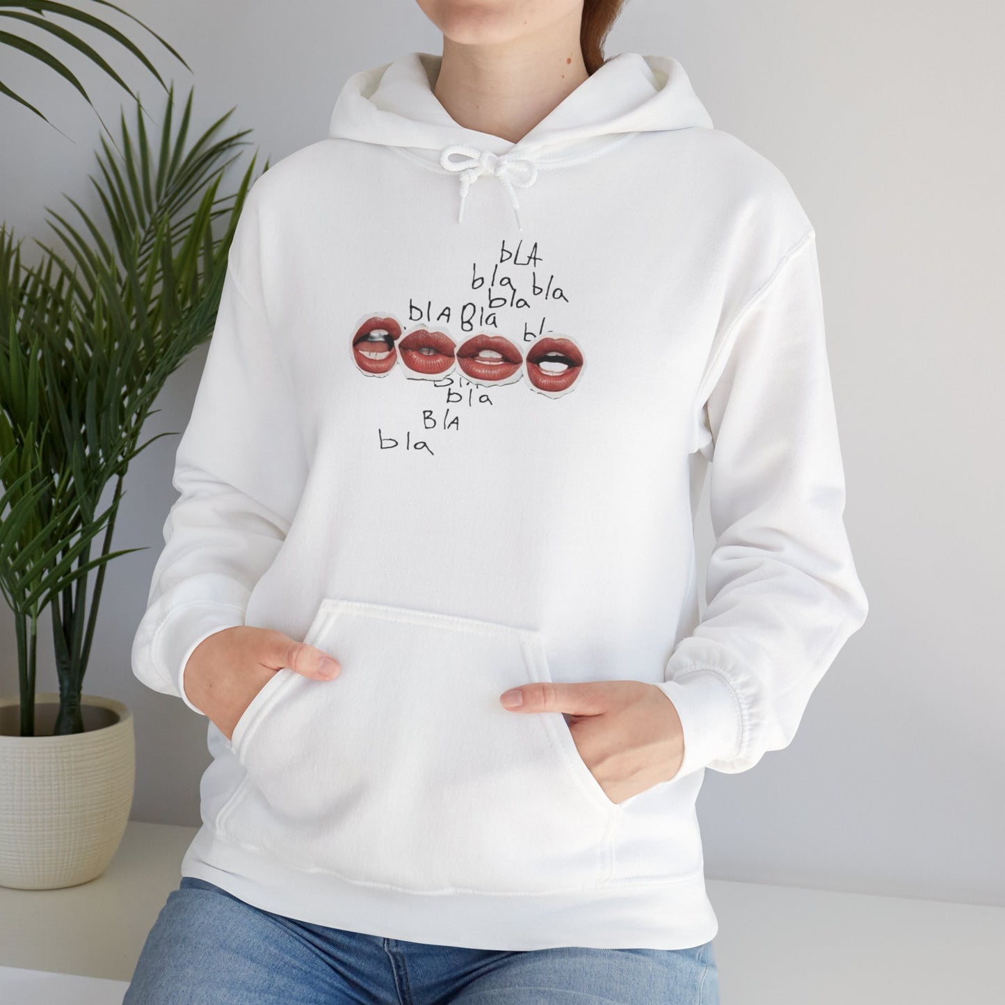 Graphic Hoodie — 'BLA BLA' Lip Print Pullover