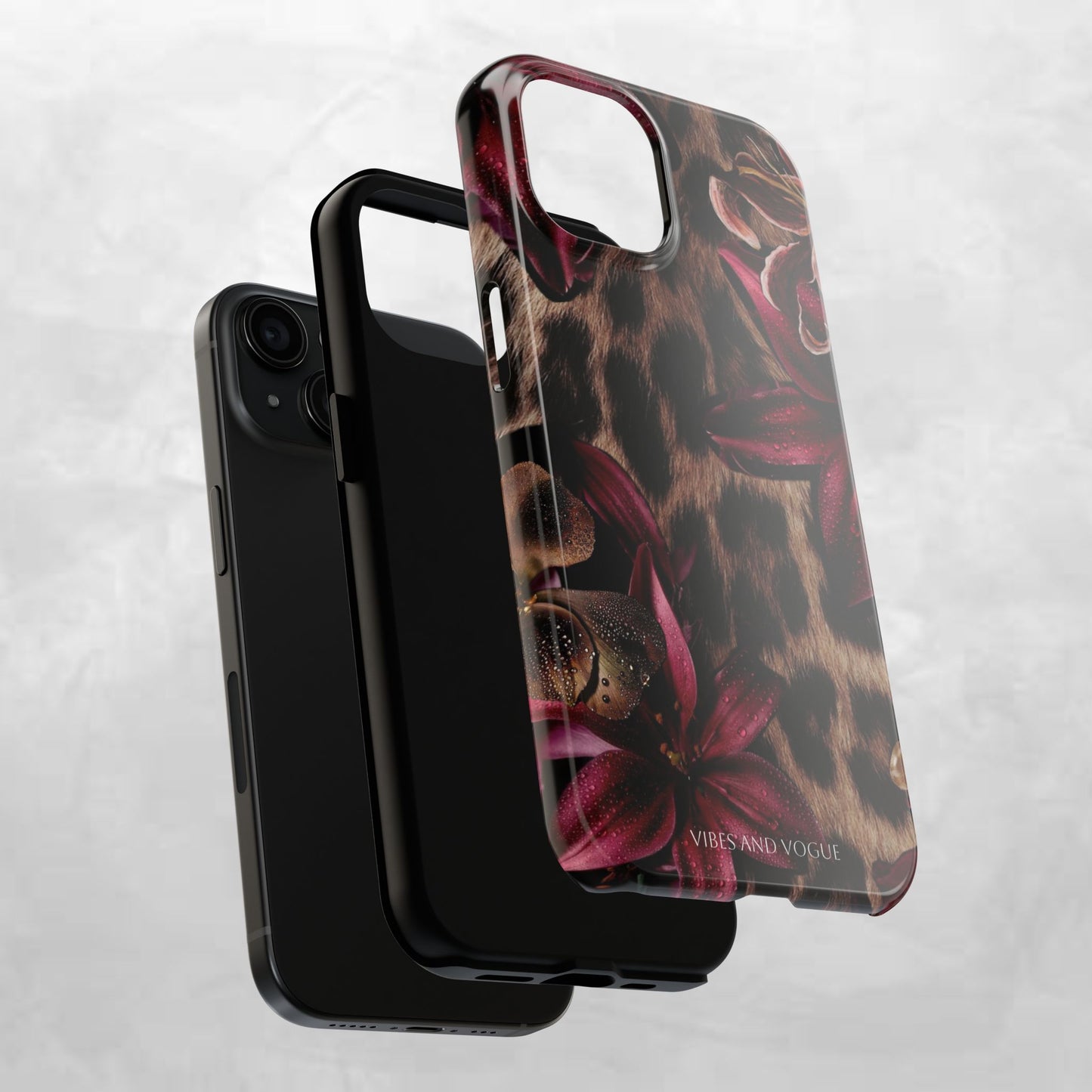 Leopard Bloom Tough Phone Case — Burgundy Floral Protective Cover