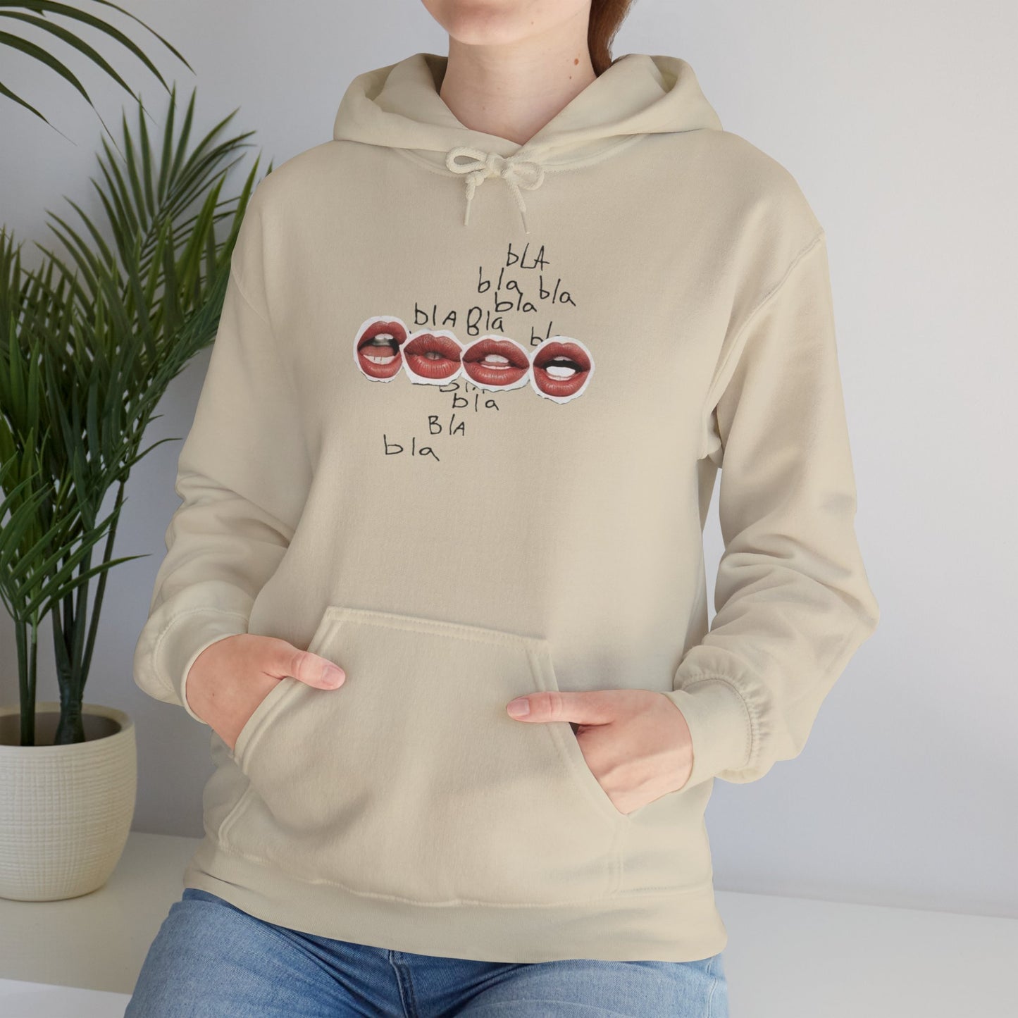 Graphic Hoodie — 'BLA BLA' Lip Print Pullover