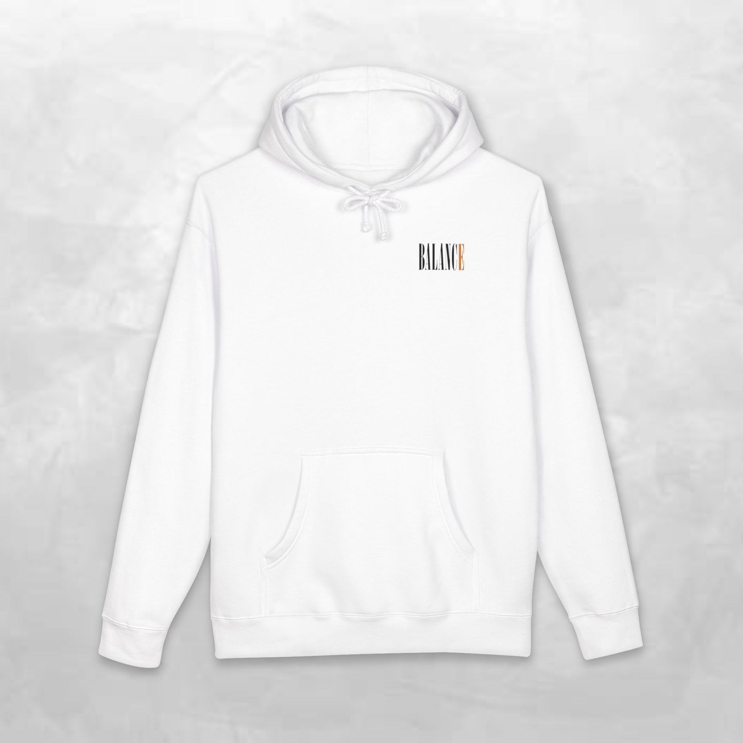 Balance Hoodie — Minimal Front Logo & Orange Camouflage Globe Back Graphic