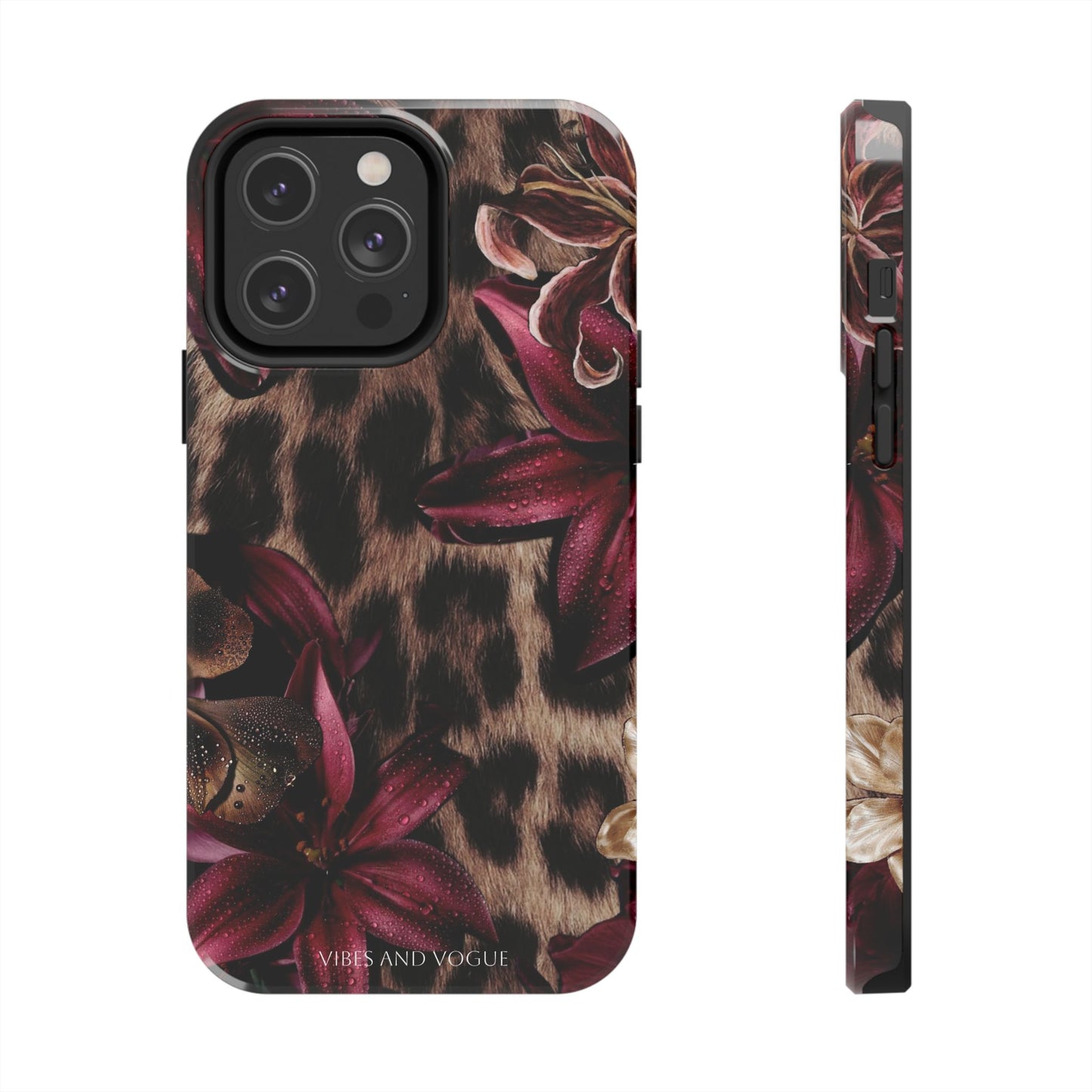 Leopard Bloom Tough Phone Case — Burgundy Floral Protective Cover