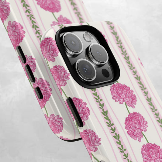 Floral Carnation Phone Case — Pink Vintage Stripe Tough Case