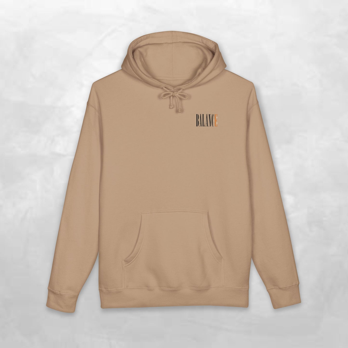 Balance Hoodie — Minimal Front Logo & Orange Camouflage Globe Back Graphic