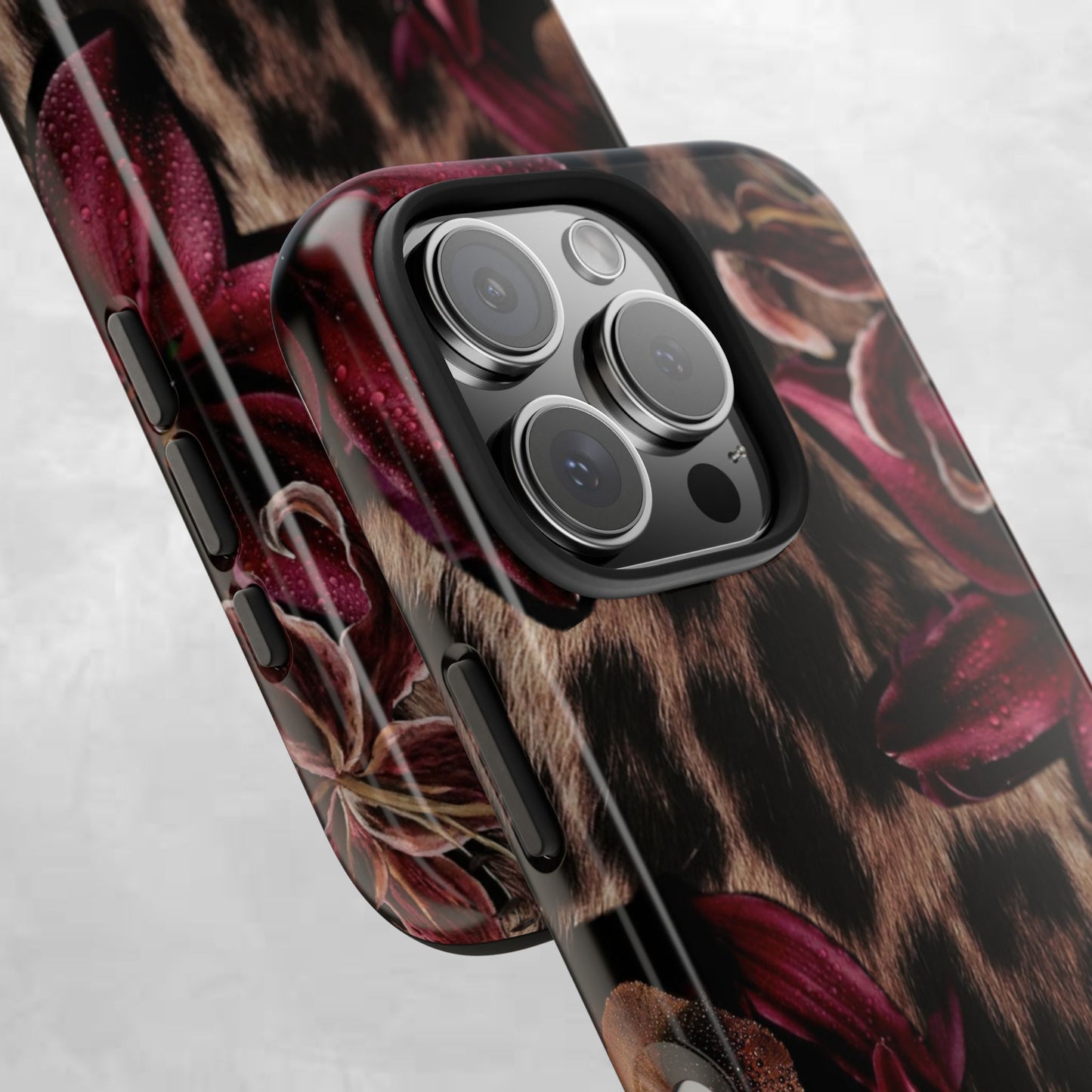 Leopard Bloom Tough Phone Case — Burgundy Floral Protective Cover