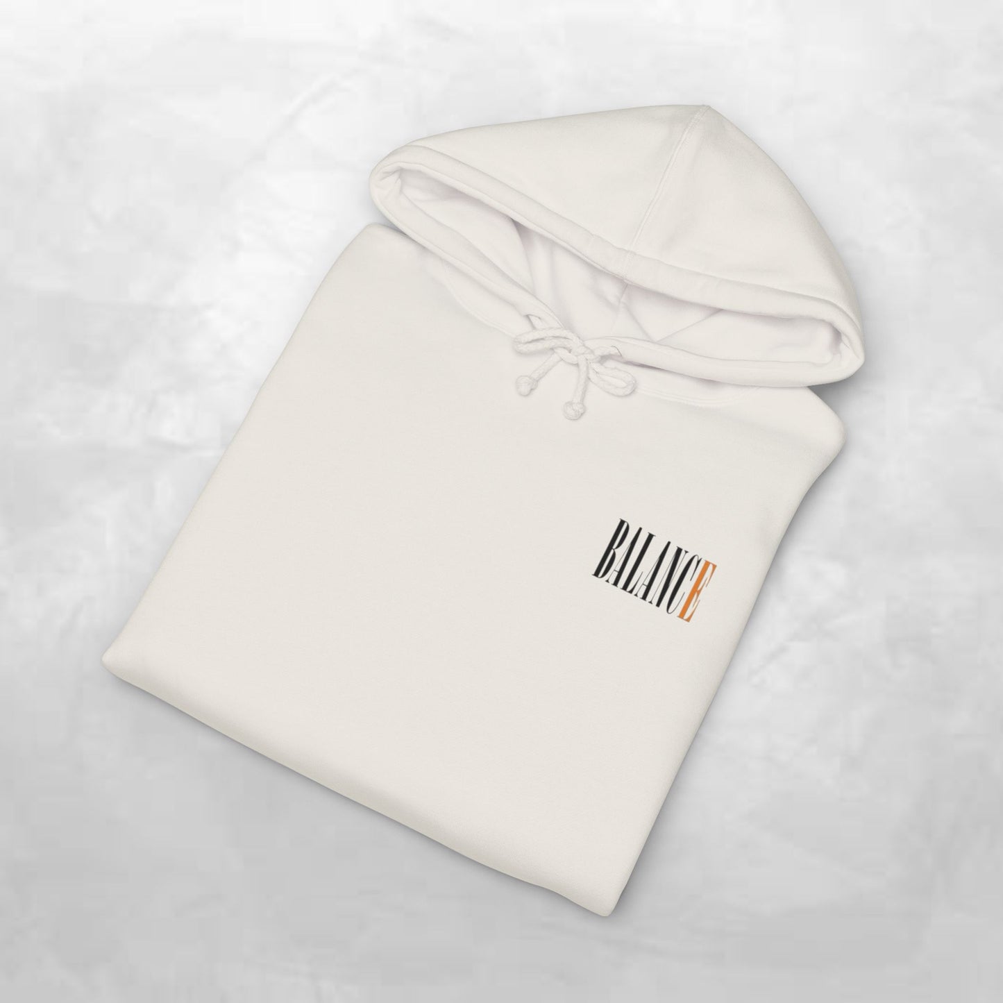 Balance Hoodie — Minimal Front Logo & Orange Camouflage Globe Back Graphic