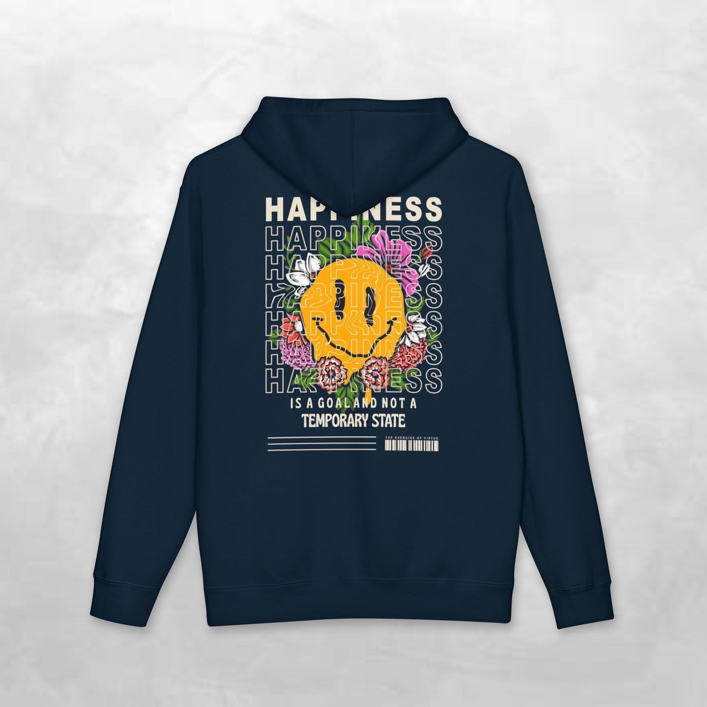 Happiness Smiley Hoodie — Floral Graphic Backprint Hooded Sweatshirt