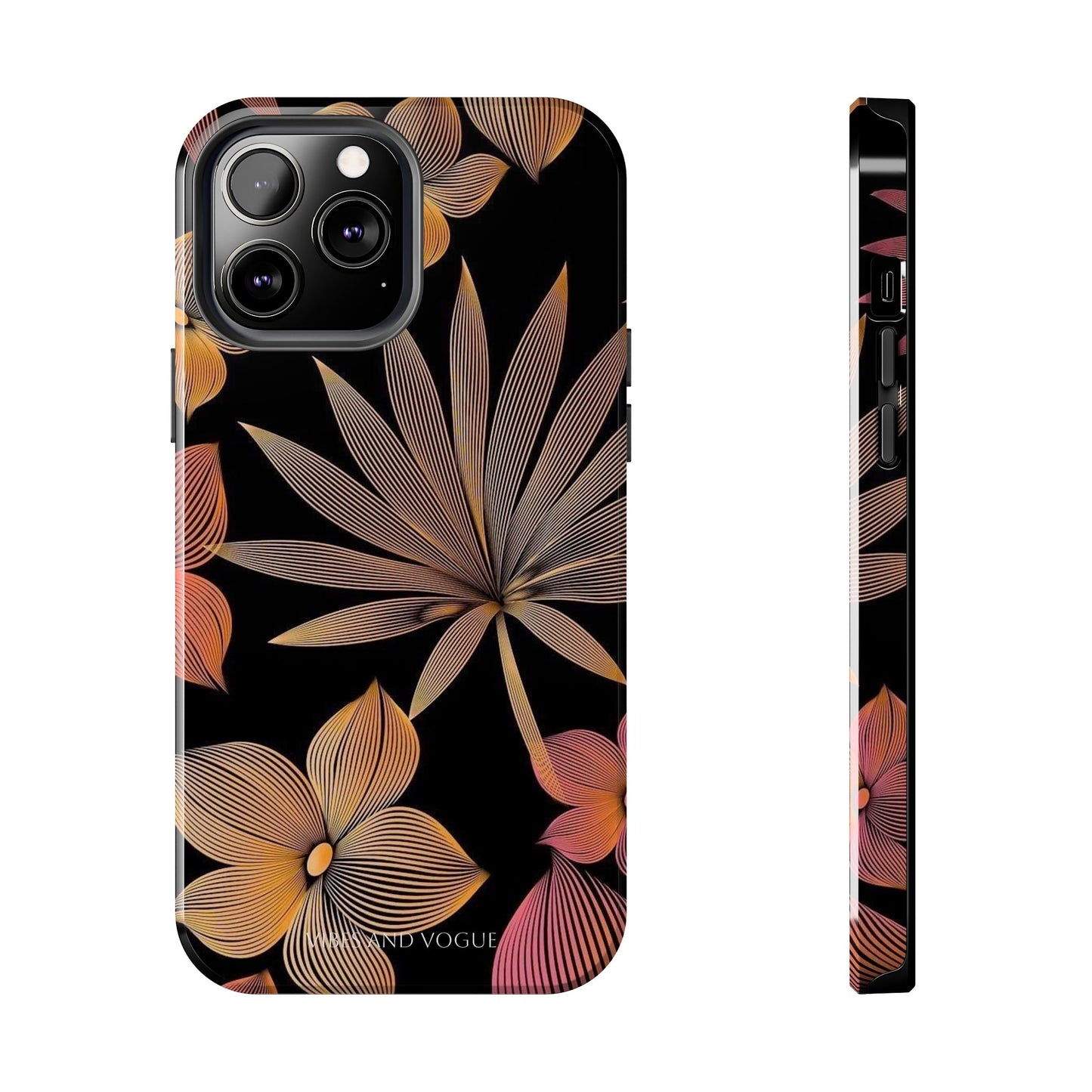 Tough Phone Case — Botanical Line Art Floral Design (Black & Copper)