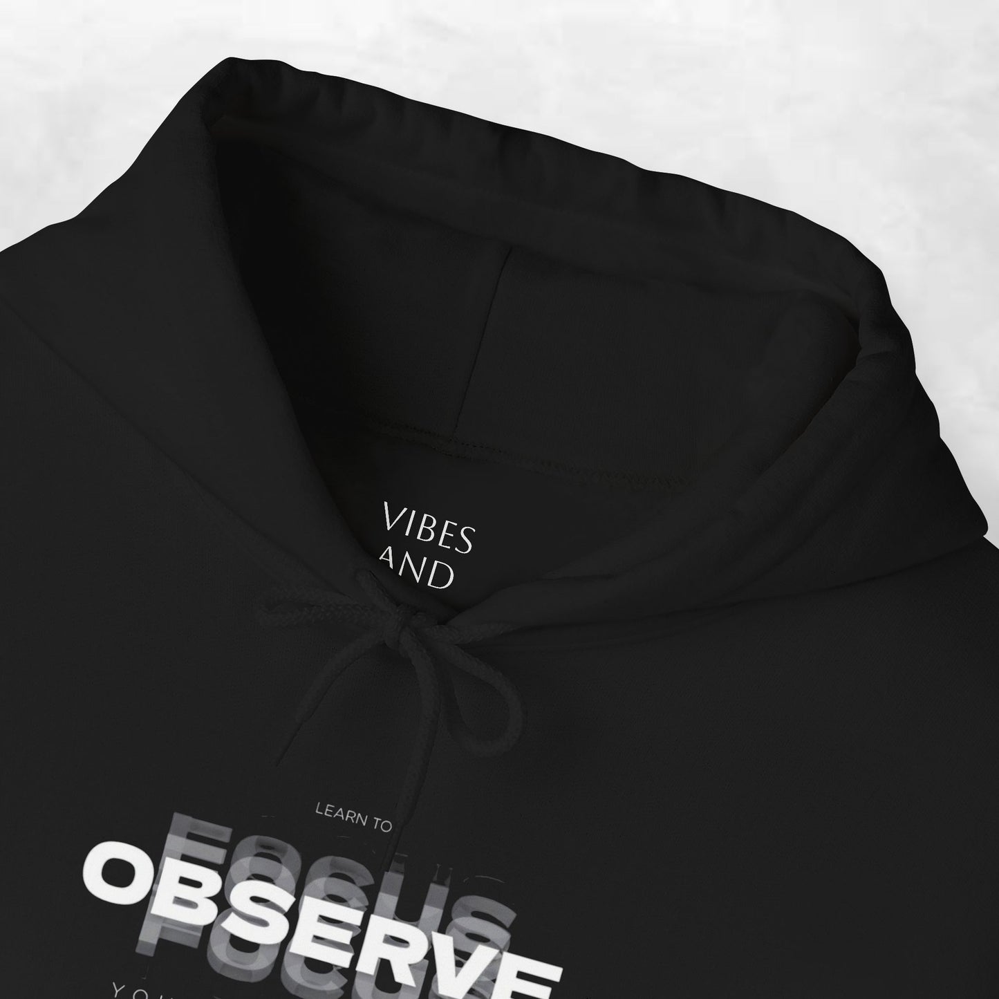 Observe Hoodie — Minimalist Glitch Text Black Pullover