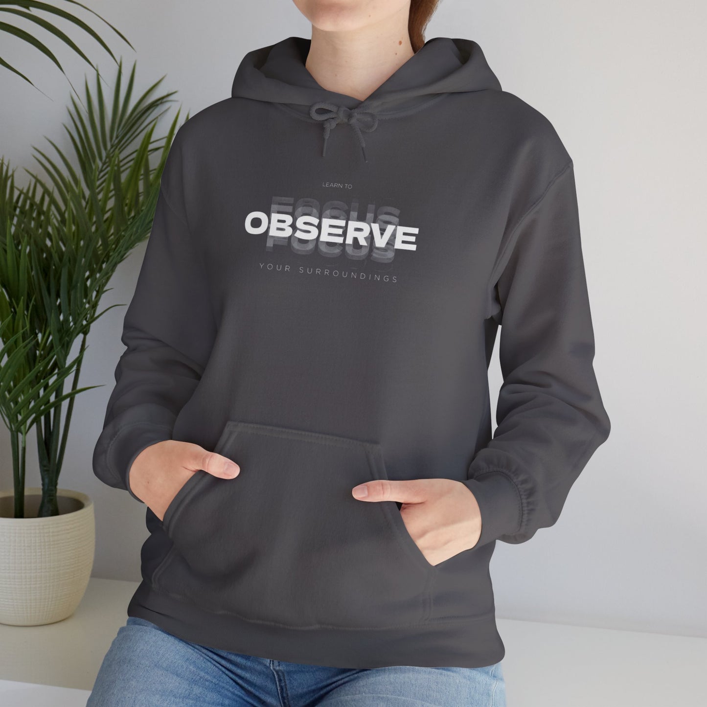Observe Hoodie — Minimalist Glitch Text Black Pullover