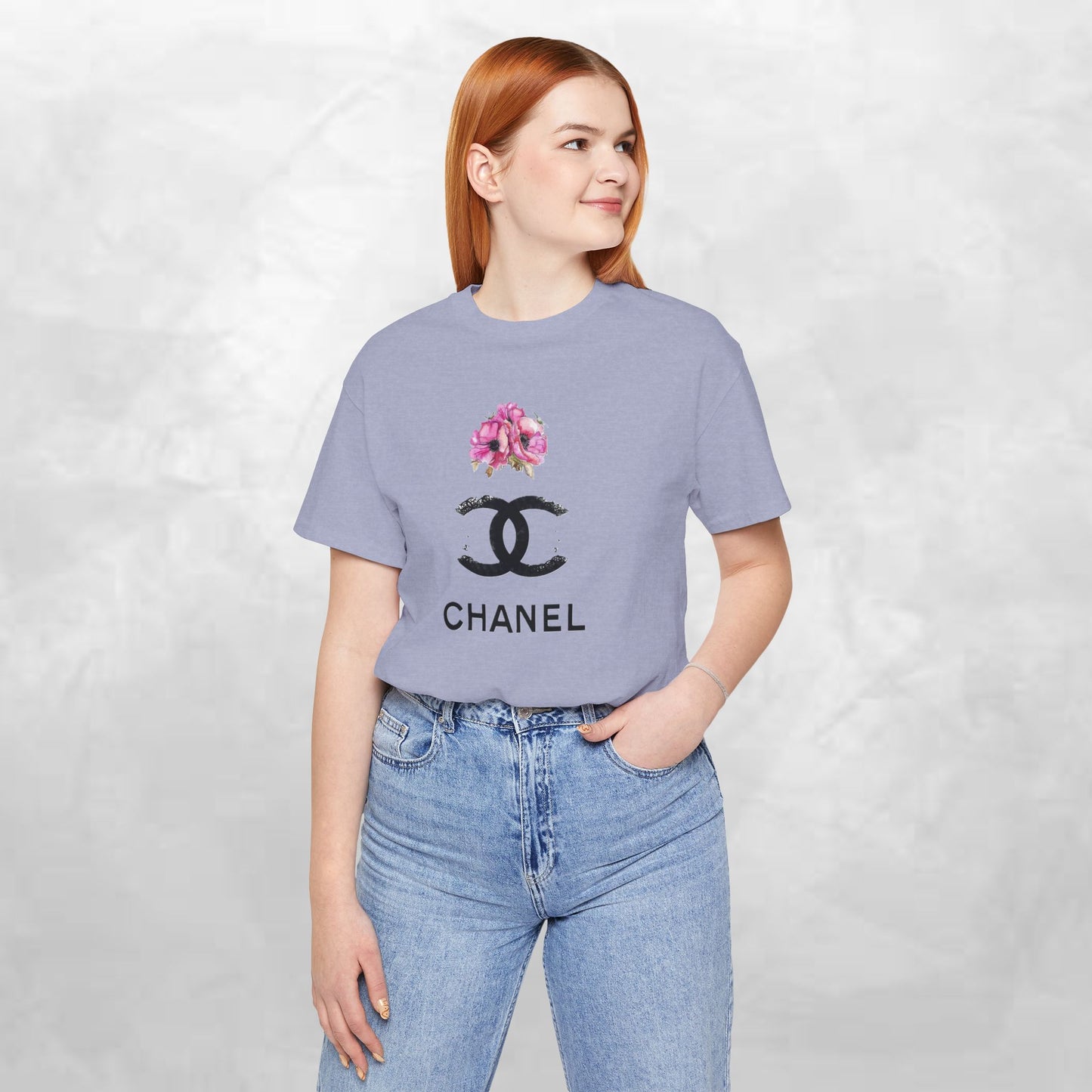 Chic Floral Logo Tee | Stylish Unisex Jersey Short Sleeve T-Shirt, Fashion Tee, Luxury Aesthetic, Gift for Her, Casual Wear, Trendy Apparel