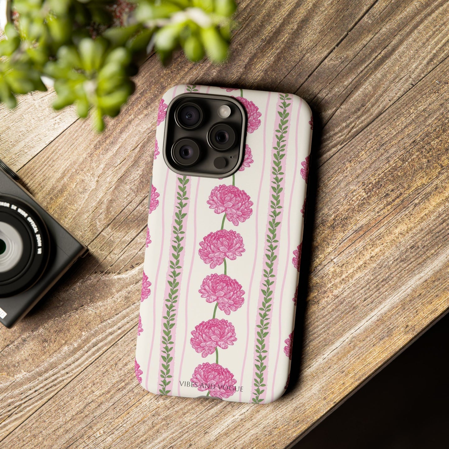 Floral Carnation Phone Case — Pink Vintage Stripe Tough Case