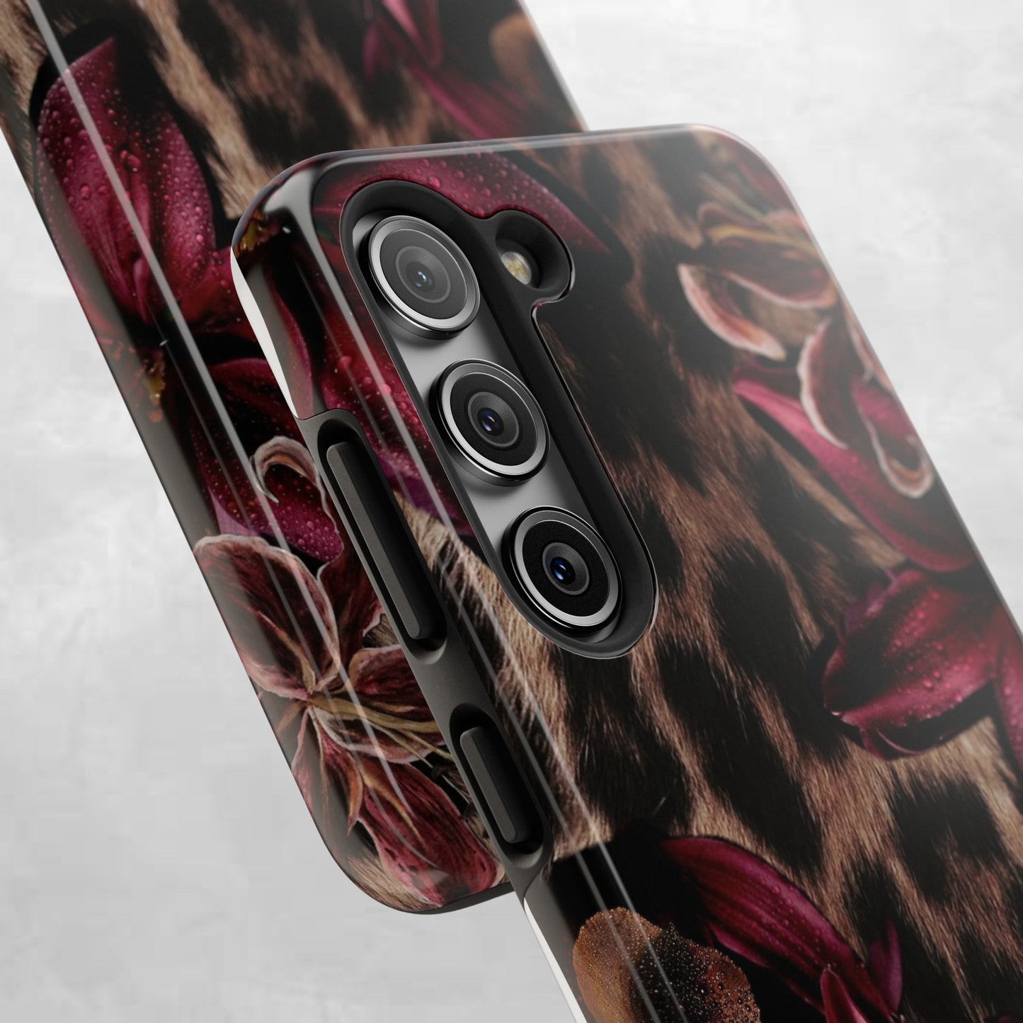 Leopard Bloom Tough Phone Case — Burgundy Floral Protective Cover