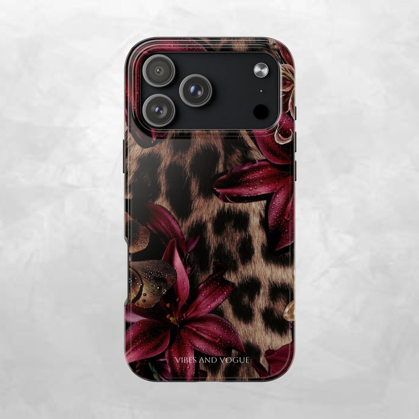 Leopard Bloom Tough Phone Case — Burgundy Floral Protective Cover