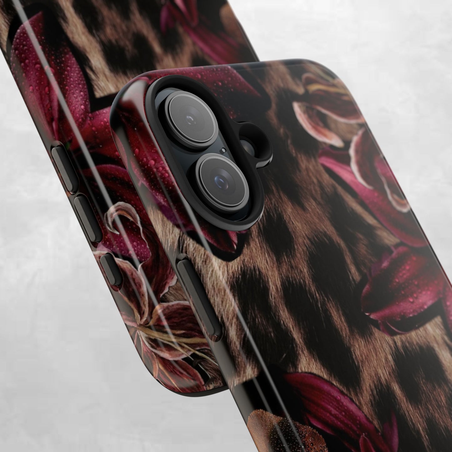 Leopard Bloom Tough Phone Case — Burgundy Floral Protective Cover