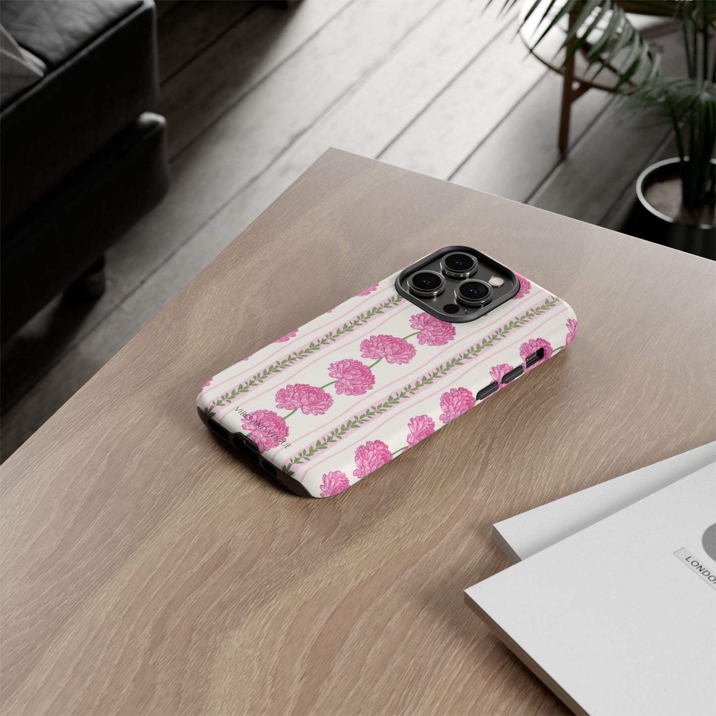 Floral Carnation Phone Case — Pink Vintage Stripe Tough Case
