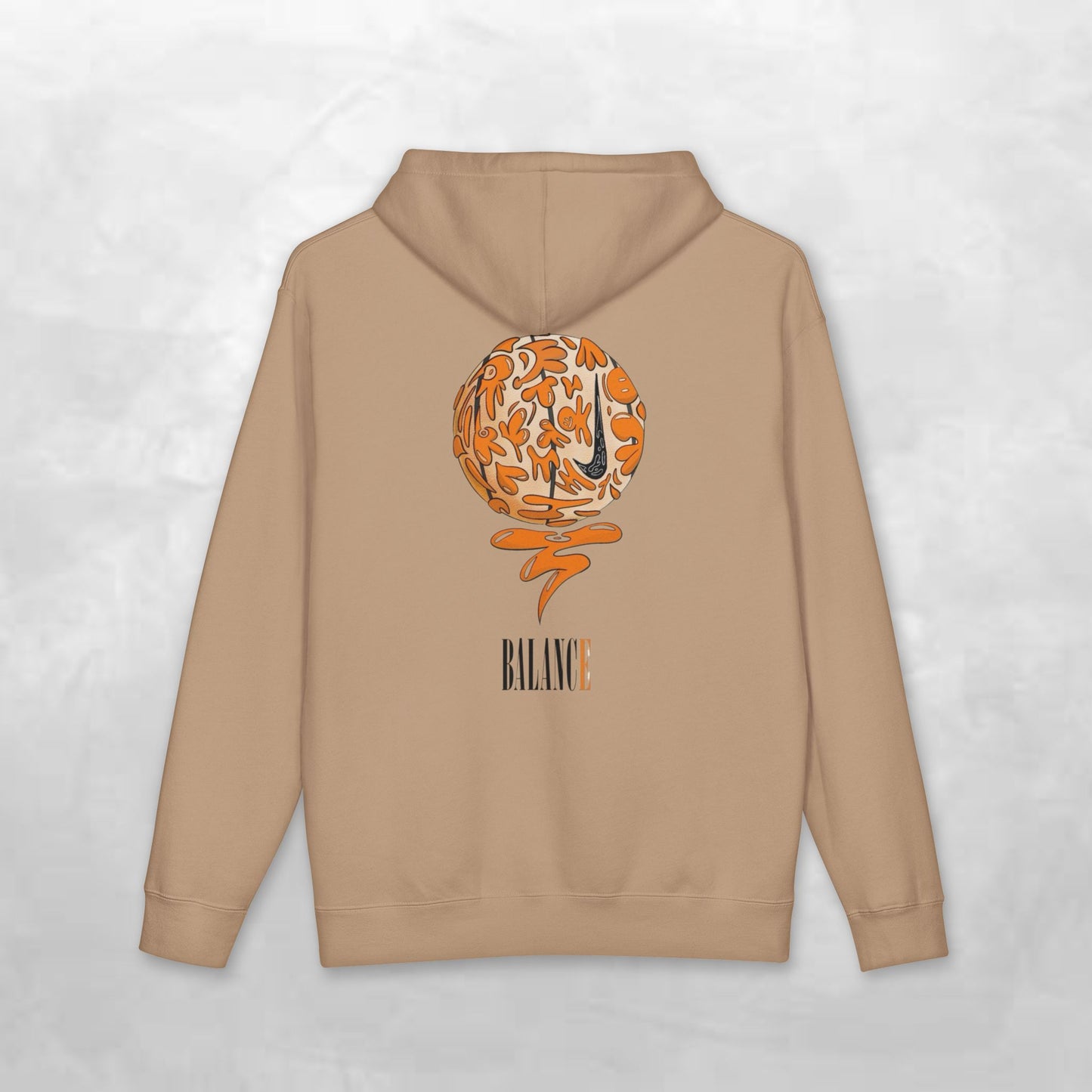 Balance Hoodie — Minimal Front Logo & Orange Camouflage Globe Back Graphic