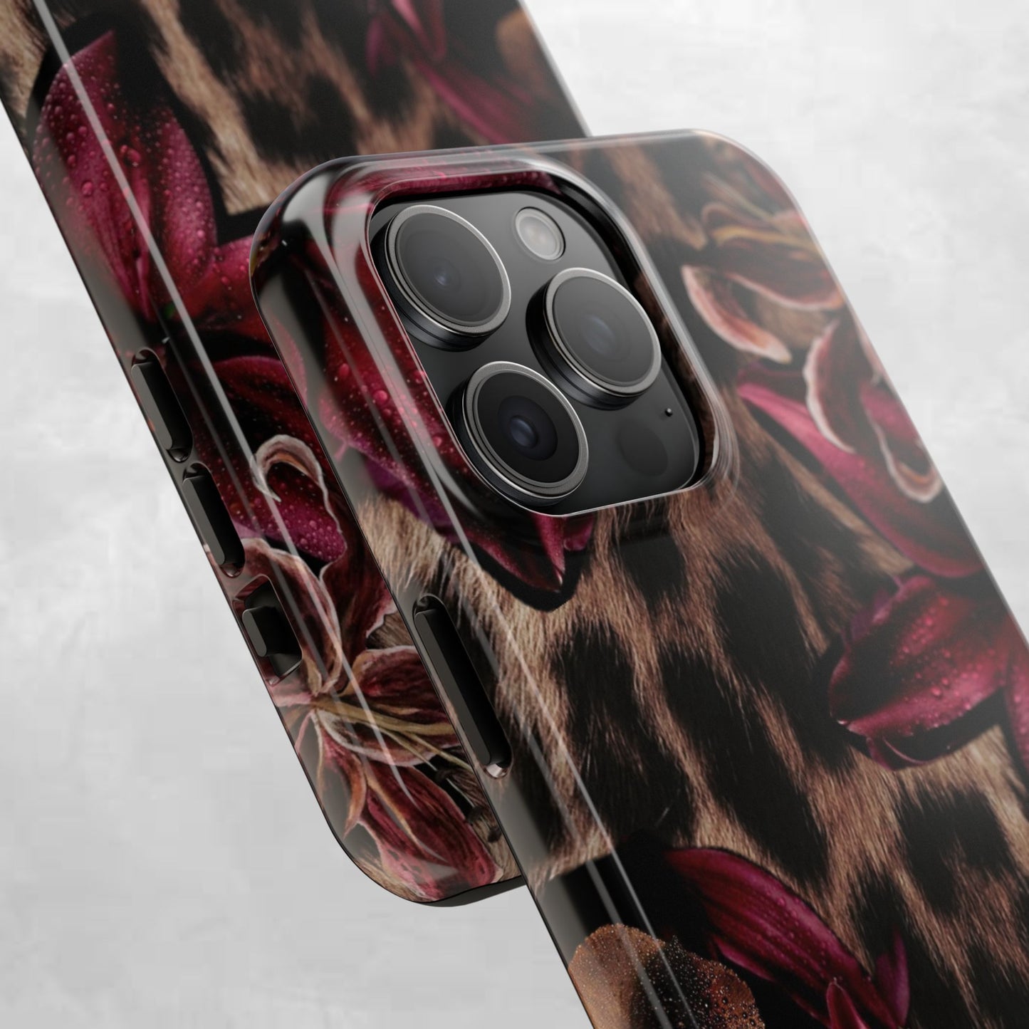 Leopard Bloom Tough Phone Case — Burgundy Floral Protective Cover