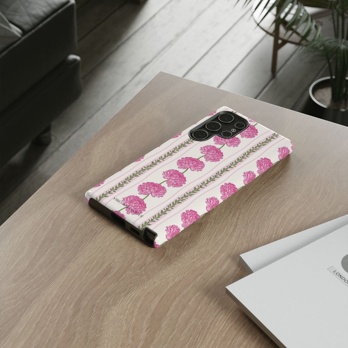 Floral Carnation Phone Case — Pink Vintage Stripe Tough Case