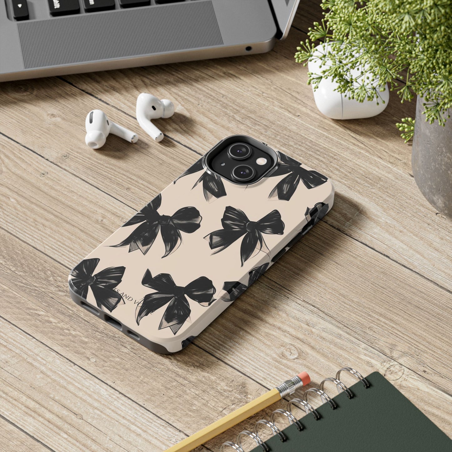 Tough Phone Case — Black Bow Pattern on Nude Background