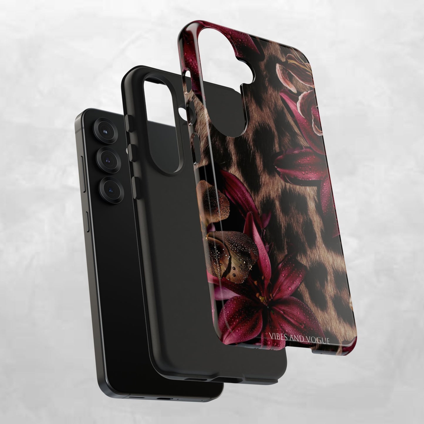 Leopard Bloom Tough Phone Case — Burgundy Floral Protective Cover