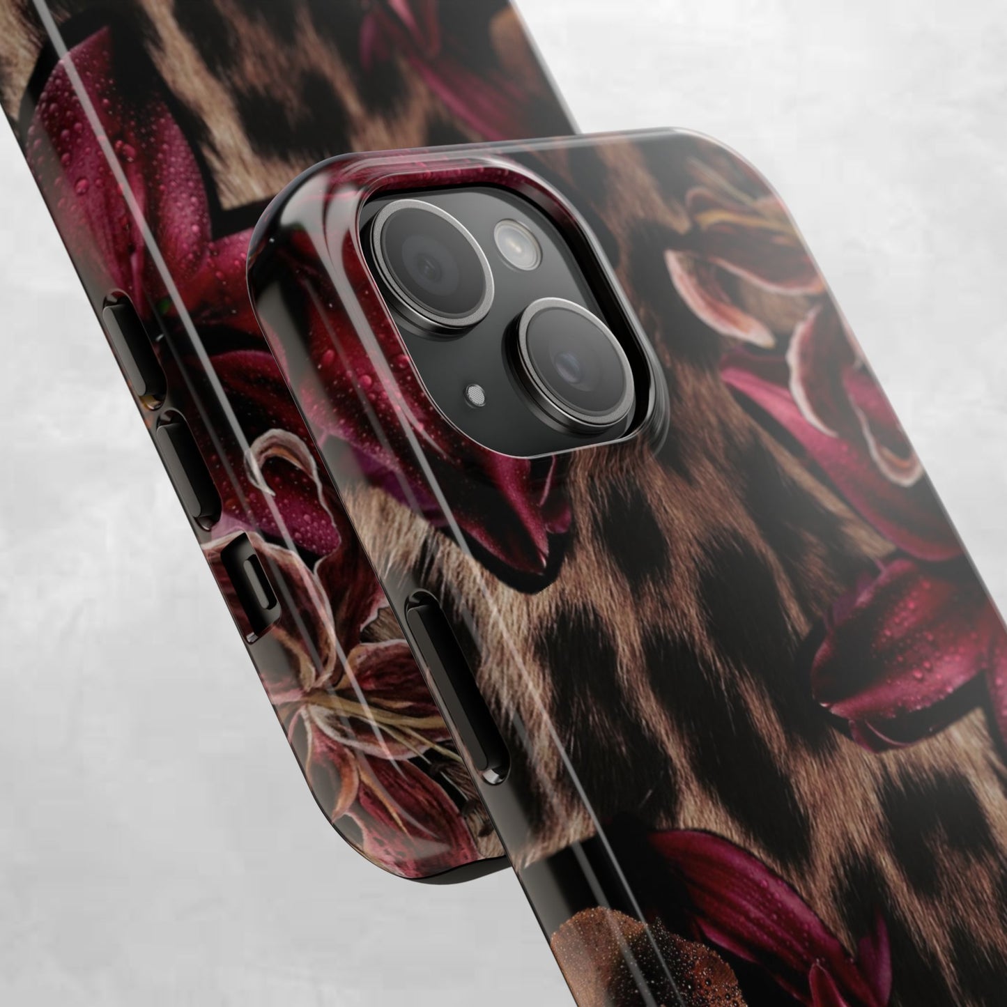 Leopard Bloom Tough Phone Case — Burgundy Floral Protective Cover